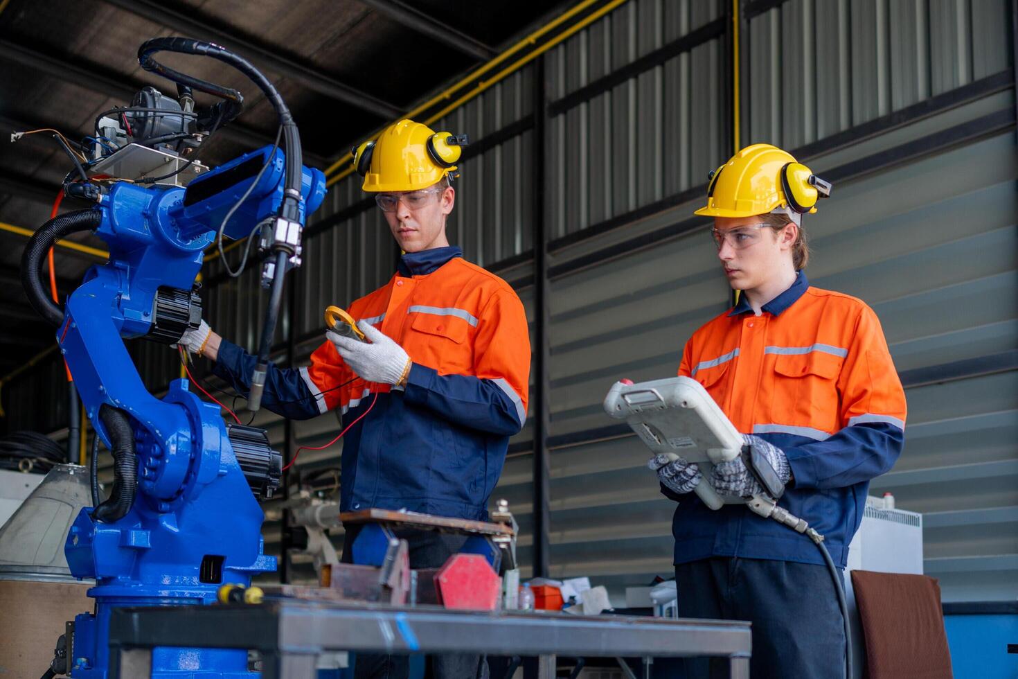 group of male engineer workers maintenance automatic robotic arm machine in a dark room factory. worker checking and repairing automatic robot hand machine. Worker wearing safety glasses and helmet. photo