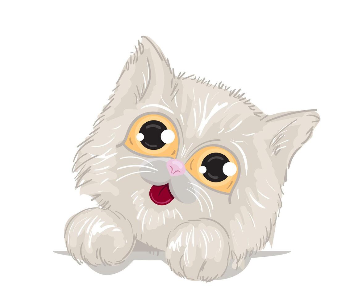 Cute kitten with big beautiful eyes and fluffy legs. White cat, a template for a print on clothes. illustration. vector