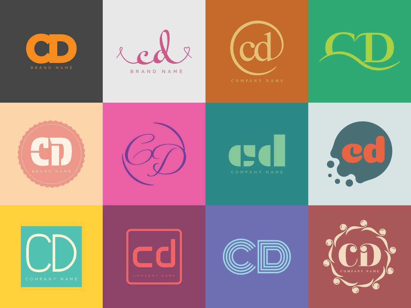 CD logo company template. Letter c and d logotype. Set different classic serif lettering and modern bold text with design elements. Initial font typography. vector