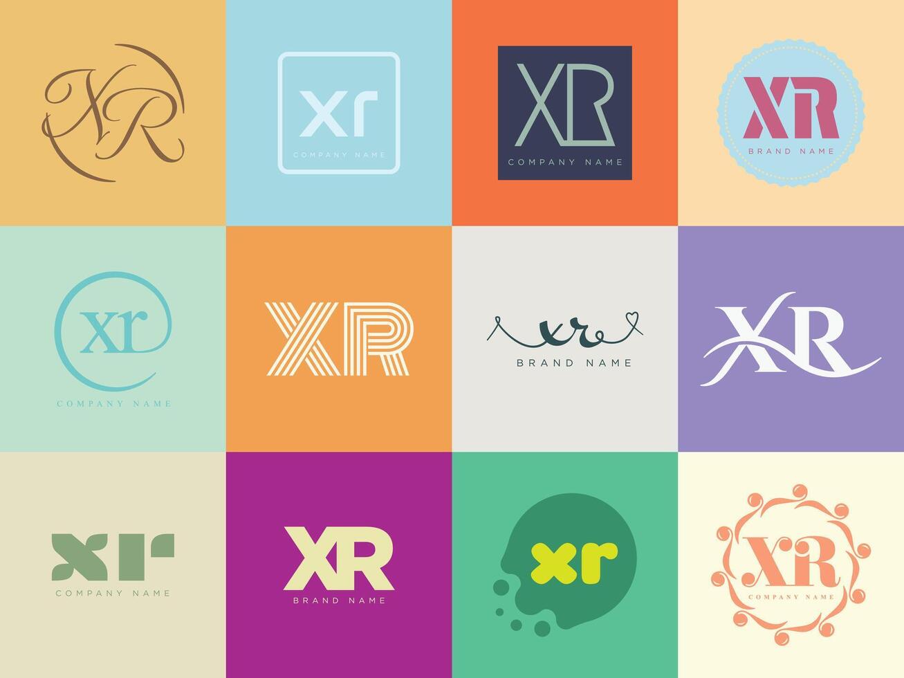 XR logo company template. Letter x and r logotype. Set different classic serif lettering and modern bold text with design elements. Initial font typography. vector