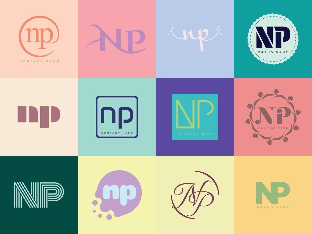 NP logo company template. Letter n and p logotype. Set different classic serif lettering and modern bold text with design elements. Initial font typography. vector