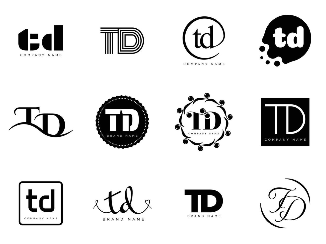 TD logo company template. Letter t and d logotype. Set different classic serif lettering and modern bold text with design elements. Initial font typography. vector