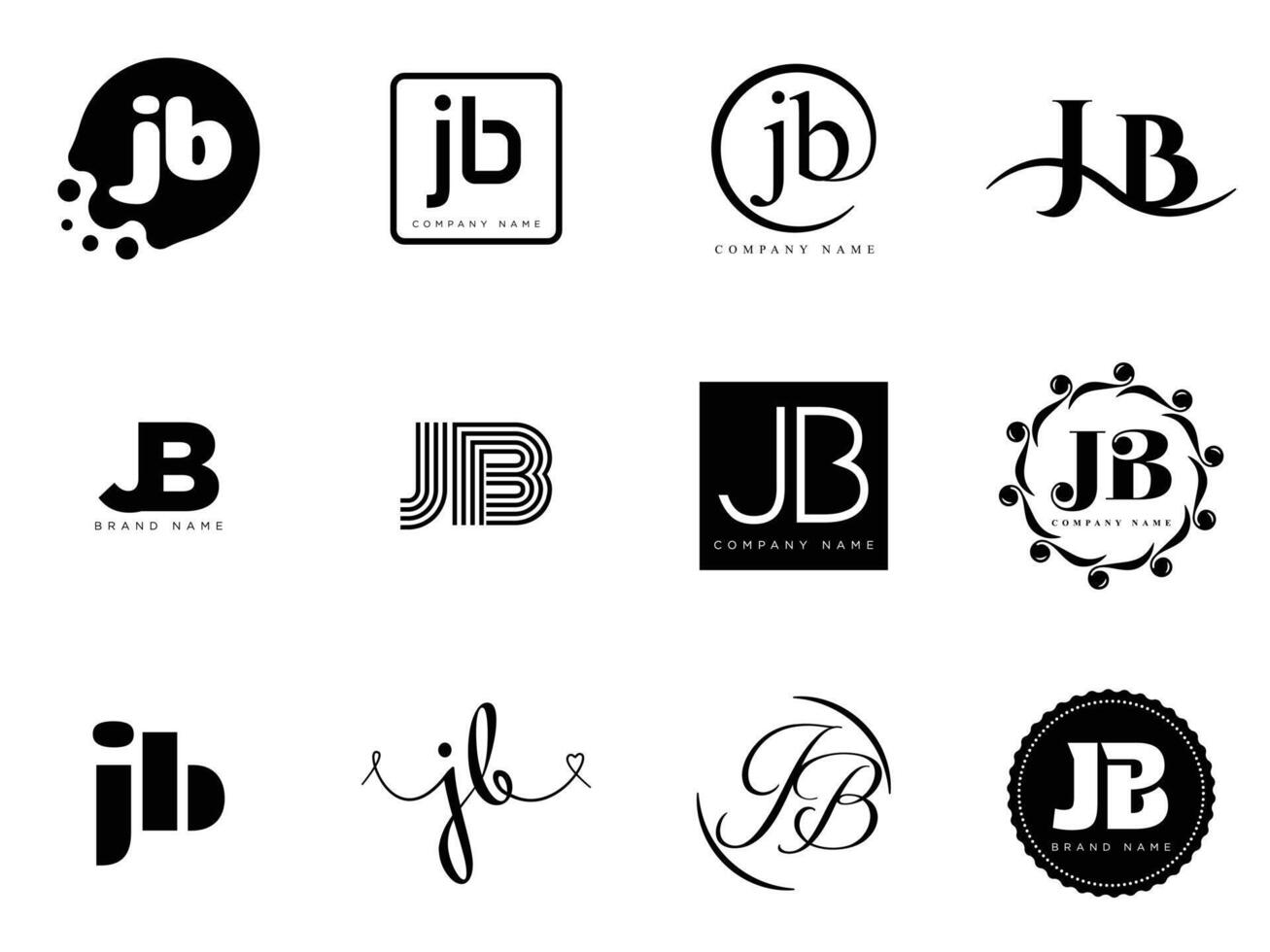 JB logo company template. Letter j and b logotype. Set different classic serif lettering and modern bold text with design elements. Initial font typography. vector