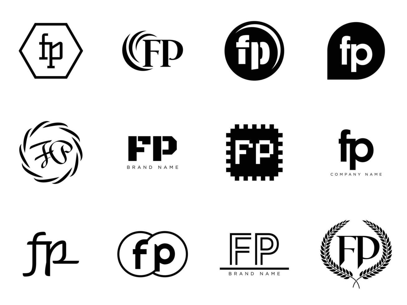 FP logo company template. Letter f and p logotype. Set different classic serif lettering and modern bold text with design elements. Initial font typography. vector