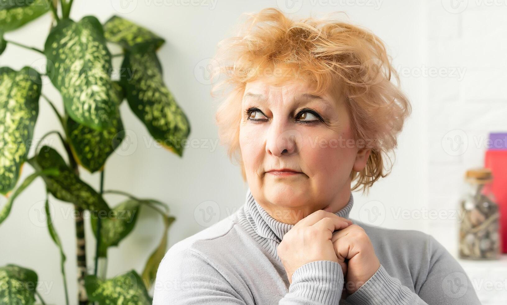 Smiling middle aged mature grey haired woman looking at camera, happy old posing at home indoor, positive single senior retired female sitting on sofa in living room headshot portrait photo