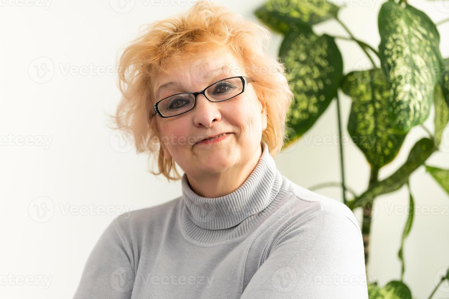 Head shot mature woman looking at camera and talking, grandmother chatting with relative online, making call, middle aged blogger recording vlog, teacher speaking to webcam, distance lecture photo