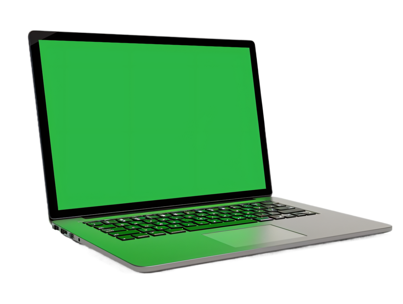 Silver laptop with blank green screen isolated. png
