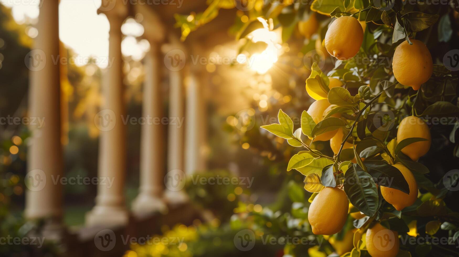Fresh ripe lemons on a tree with antique columns in the background photo