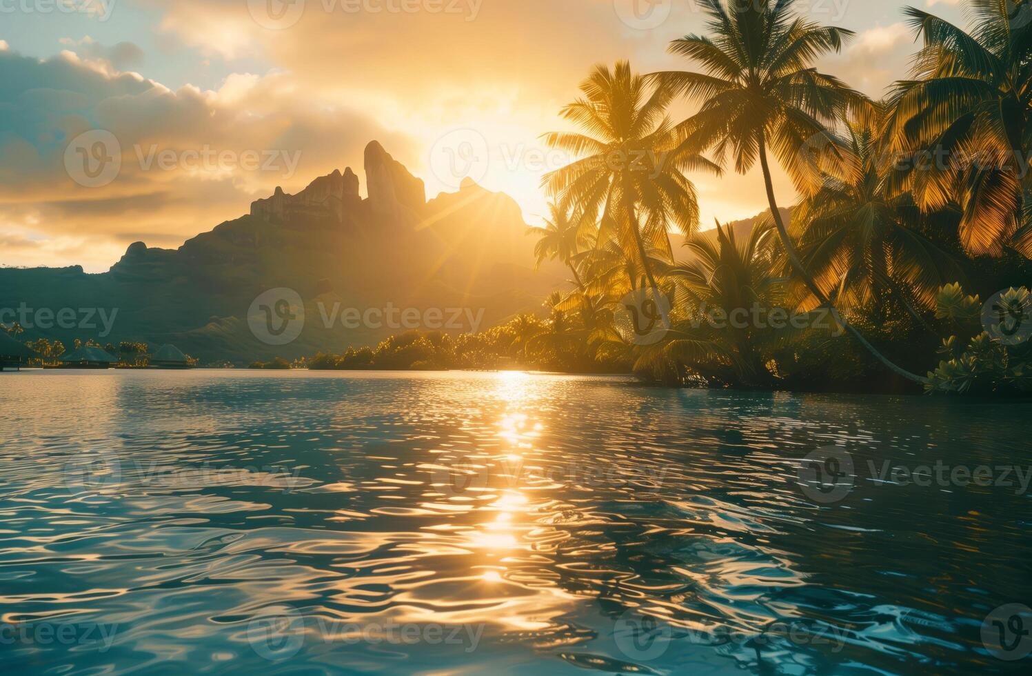 Sunset landscape with palm trees and tropical plants and ocean and mountain views photo