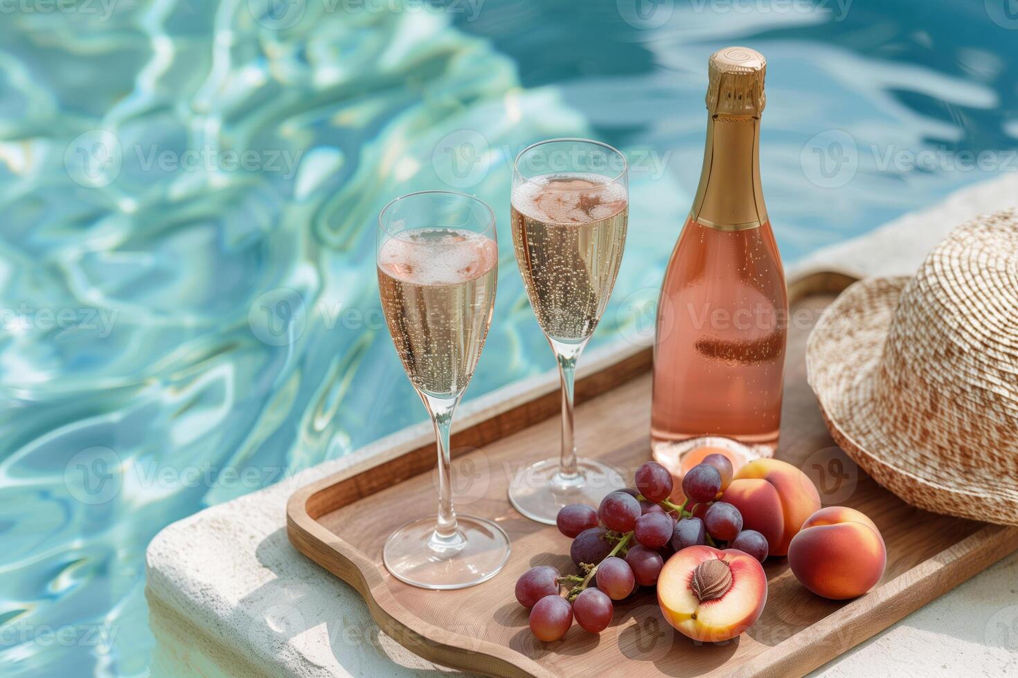 Sparkling wine served near the pool on a wooden tray with peaches and grapes photo
