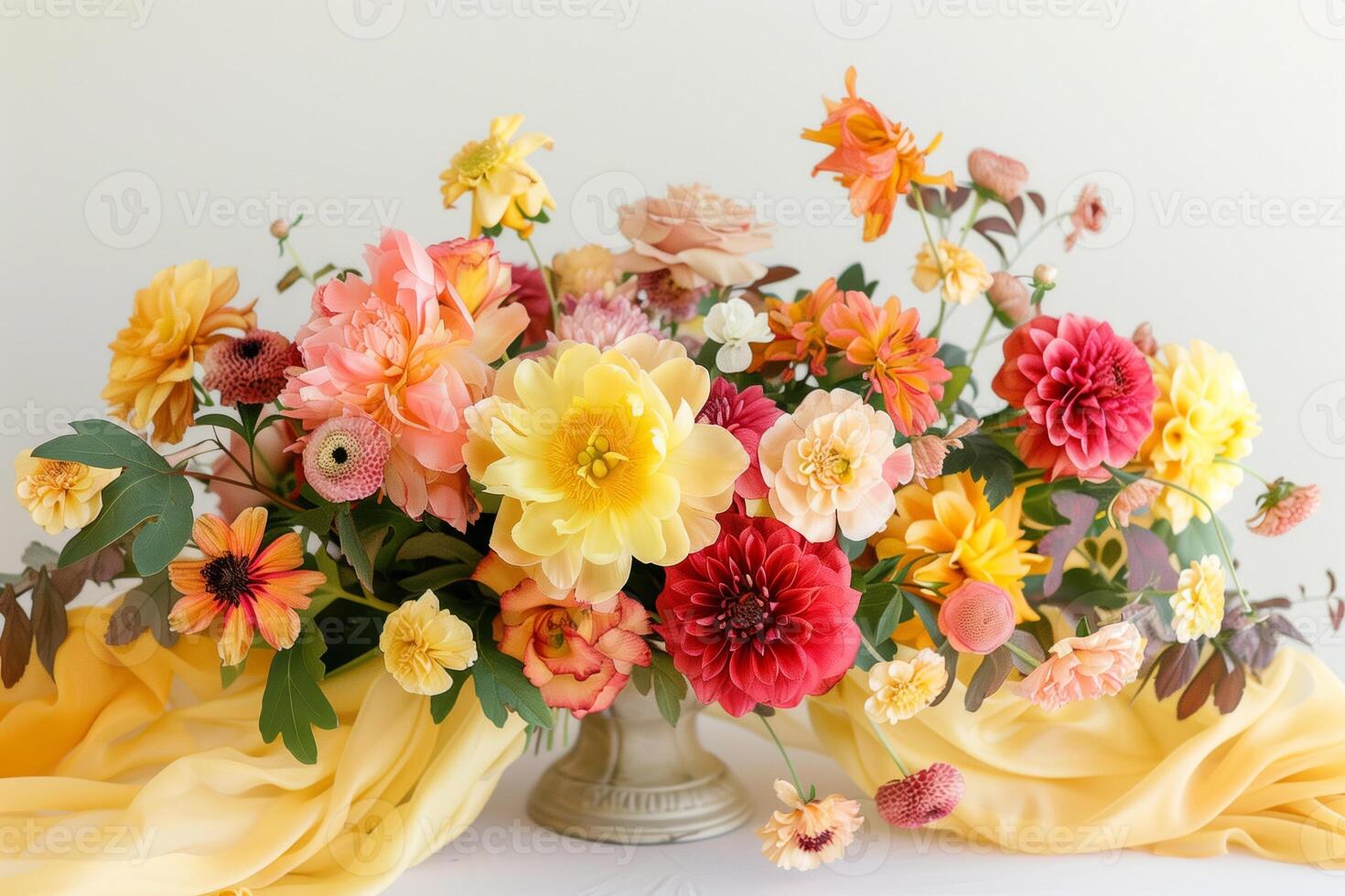 Bouquet of yellow and light orange flowers and autumn leaves in a white ceramic vase photo