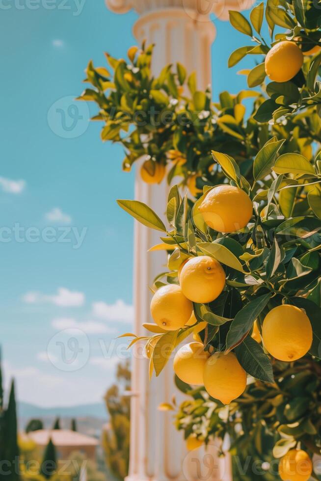 Fresh ripe lemons on a tree with antique columns in the background photo