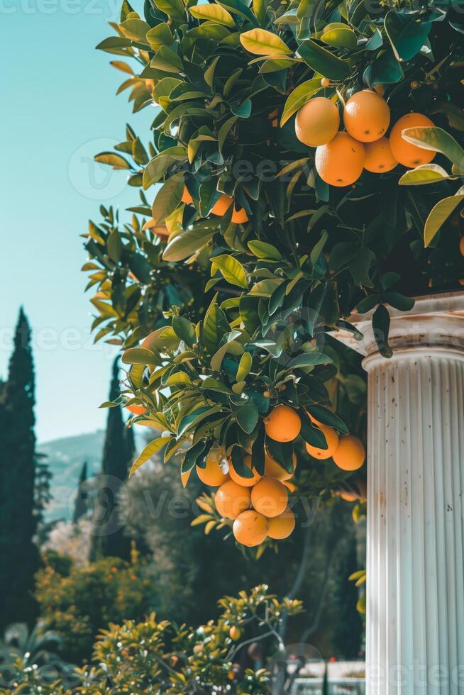 Fresh ripe oranges on a tree photo