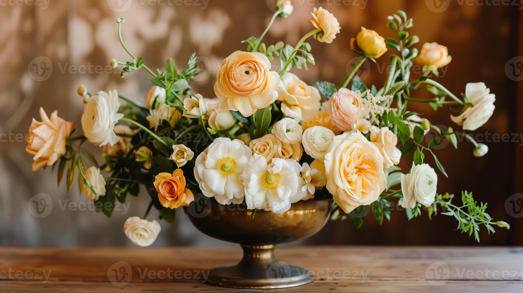 Bouquet of yellow and light orange anemones, roses and ranunculus in a vintage vase photo