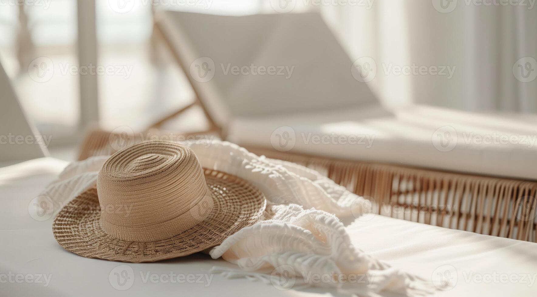 Summer straw hat on a sun lounger on a sandy beach photo