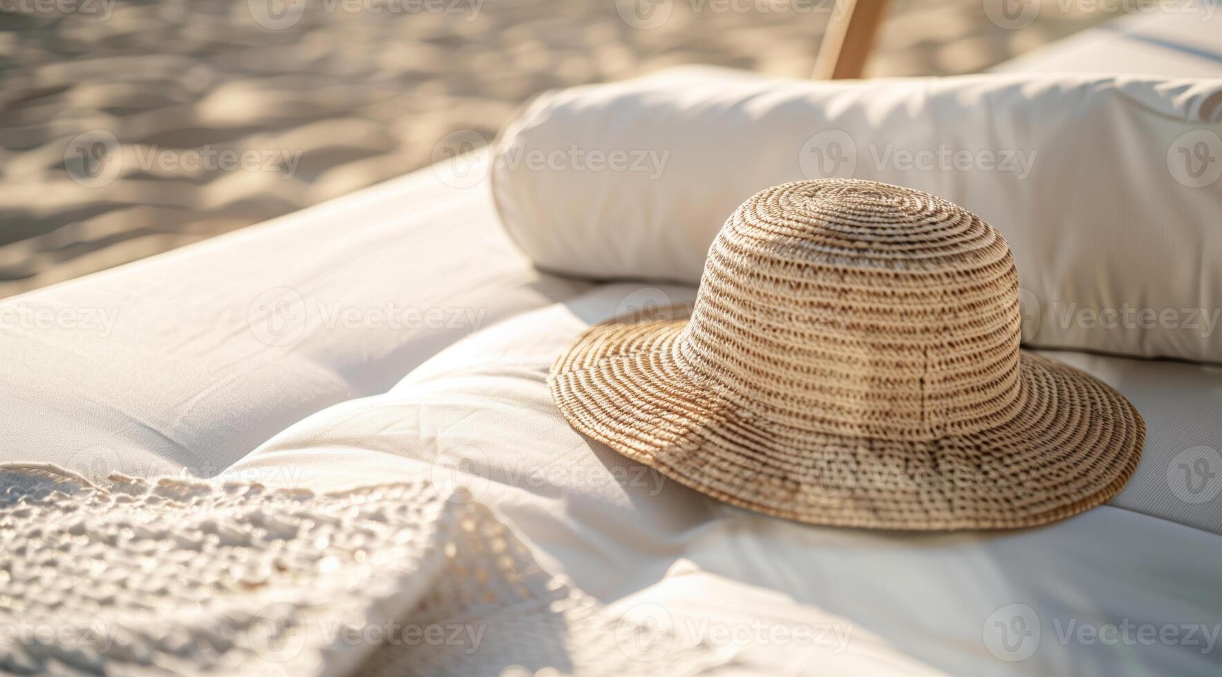 Summer straw hat on a sun lounger on a sandy beach photo