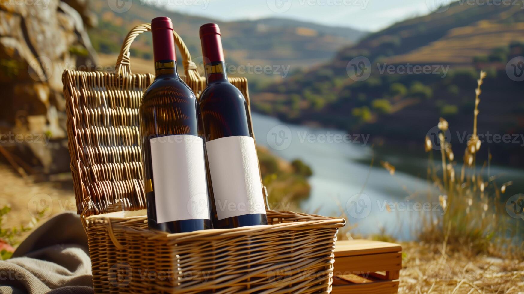Bottles of wine with blank mock-up labels in a wicker picnic basket for a lakeside picnic photo