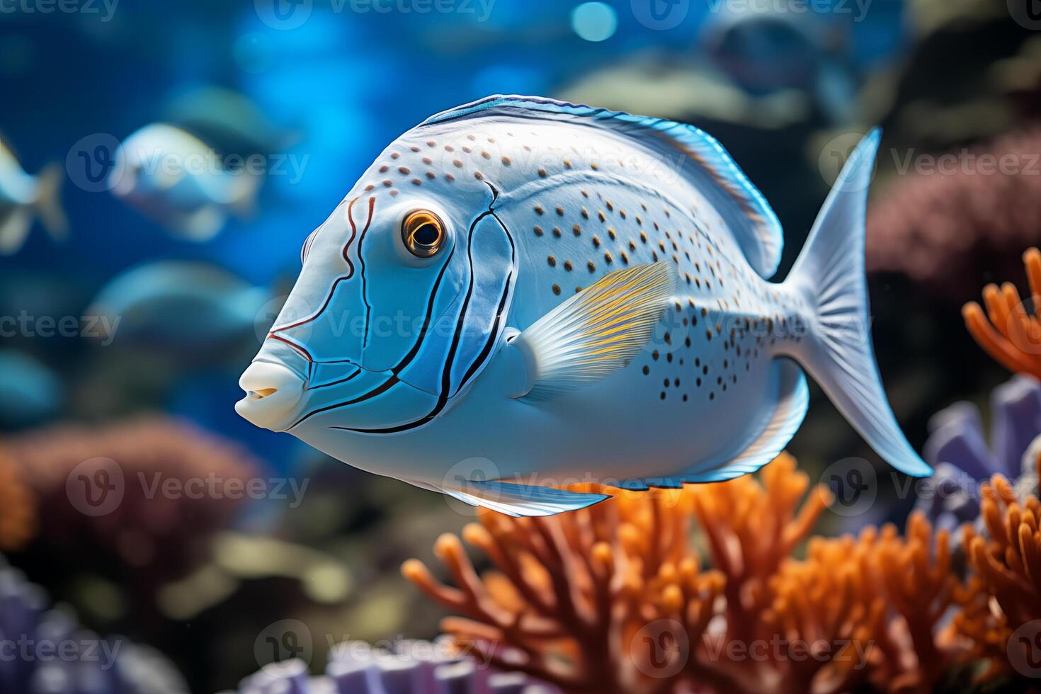 Underwater image of a tropical fish in the colorful corals of a beautiful coral reef photo