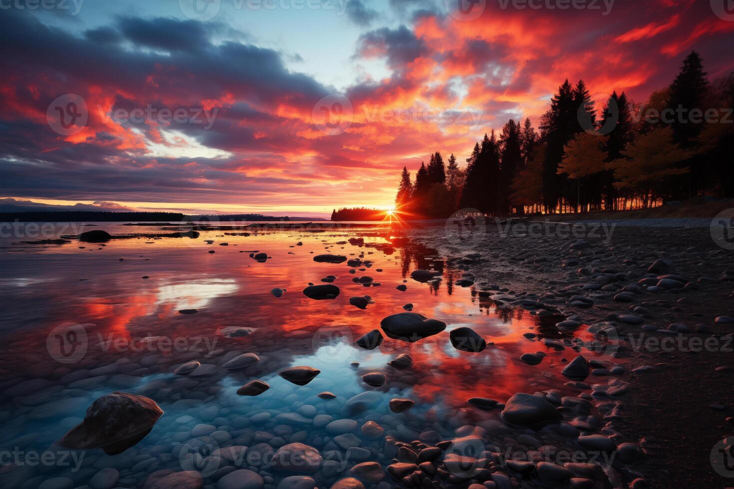 Beautiful sunset landscape of a mountain lake photo