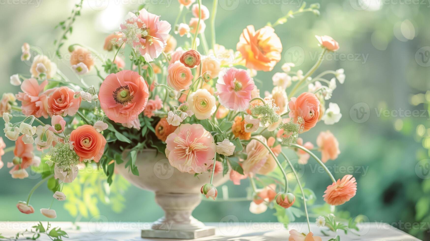 Close-up of pink and light orange peonies, poppies and ranunculus flowers photo