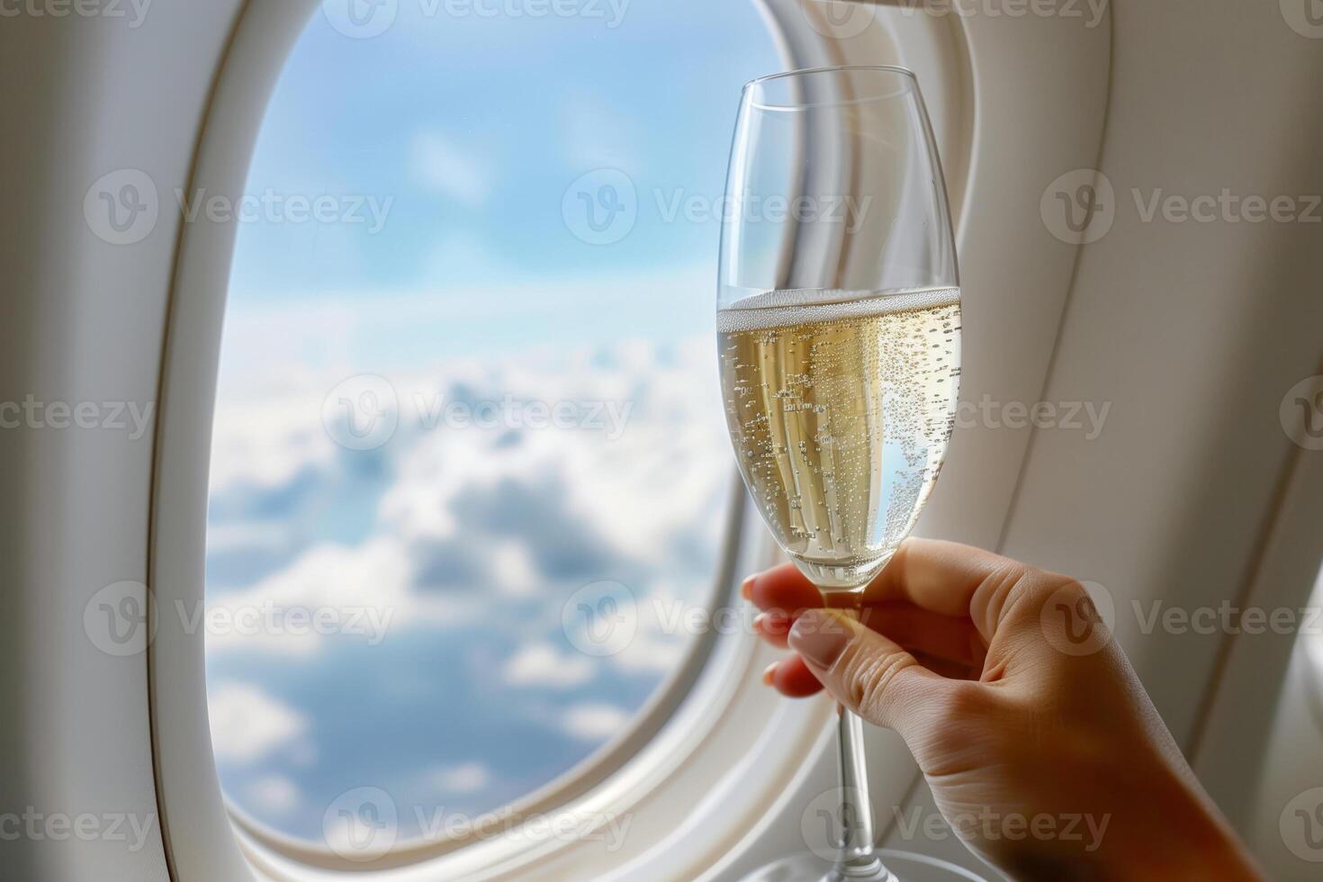 A woman's hand with a glass of champagne against the backdrop of an airplane window photo