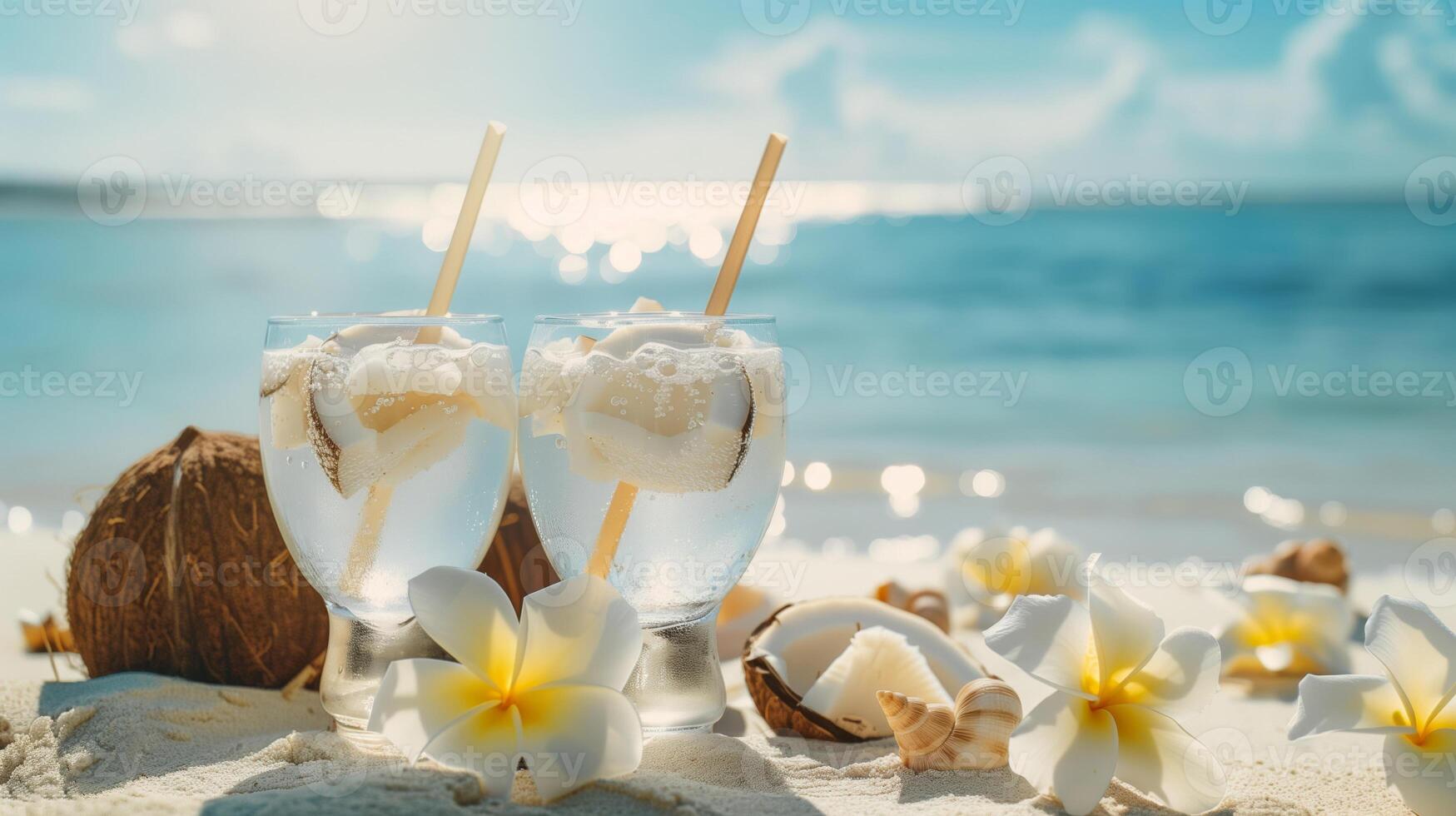 Refreshing drinks in glasses with coconut on a sandy beach with the blue ocean in the background photo
