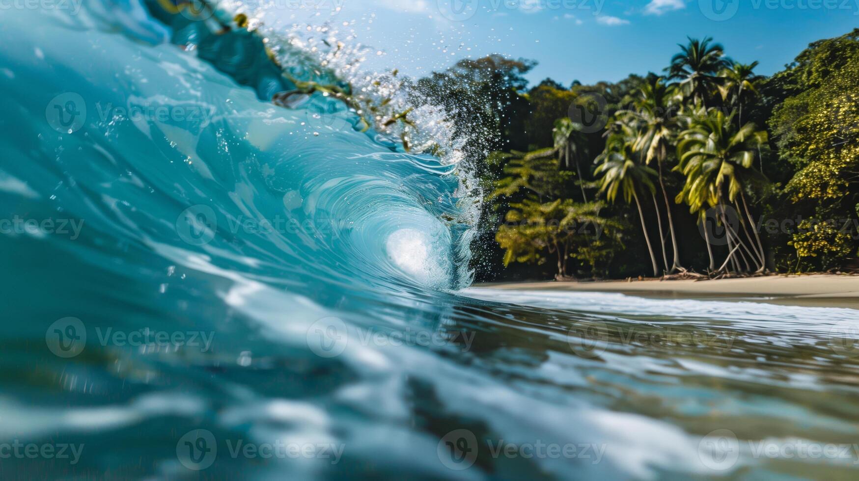 Close-up image of powerful high ocean waves on the background of a tropical island with palm trees and exotic plants photo