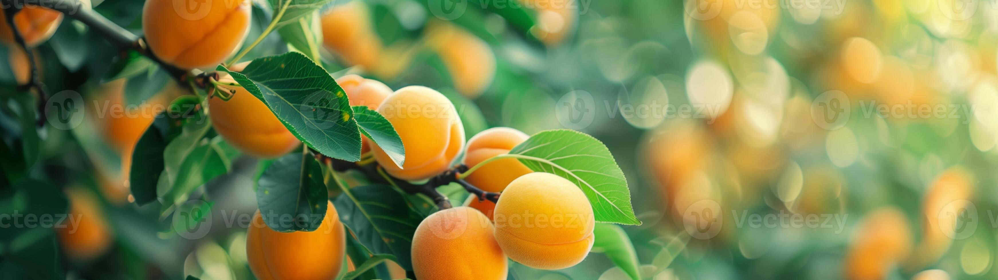 Close-up panoramic image of ripe juicy apricots on a green tree branch photo
