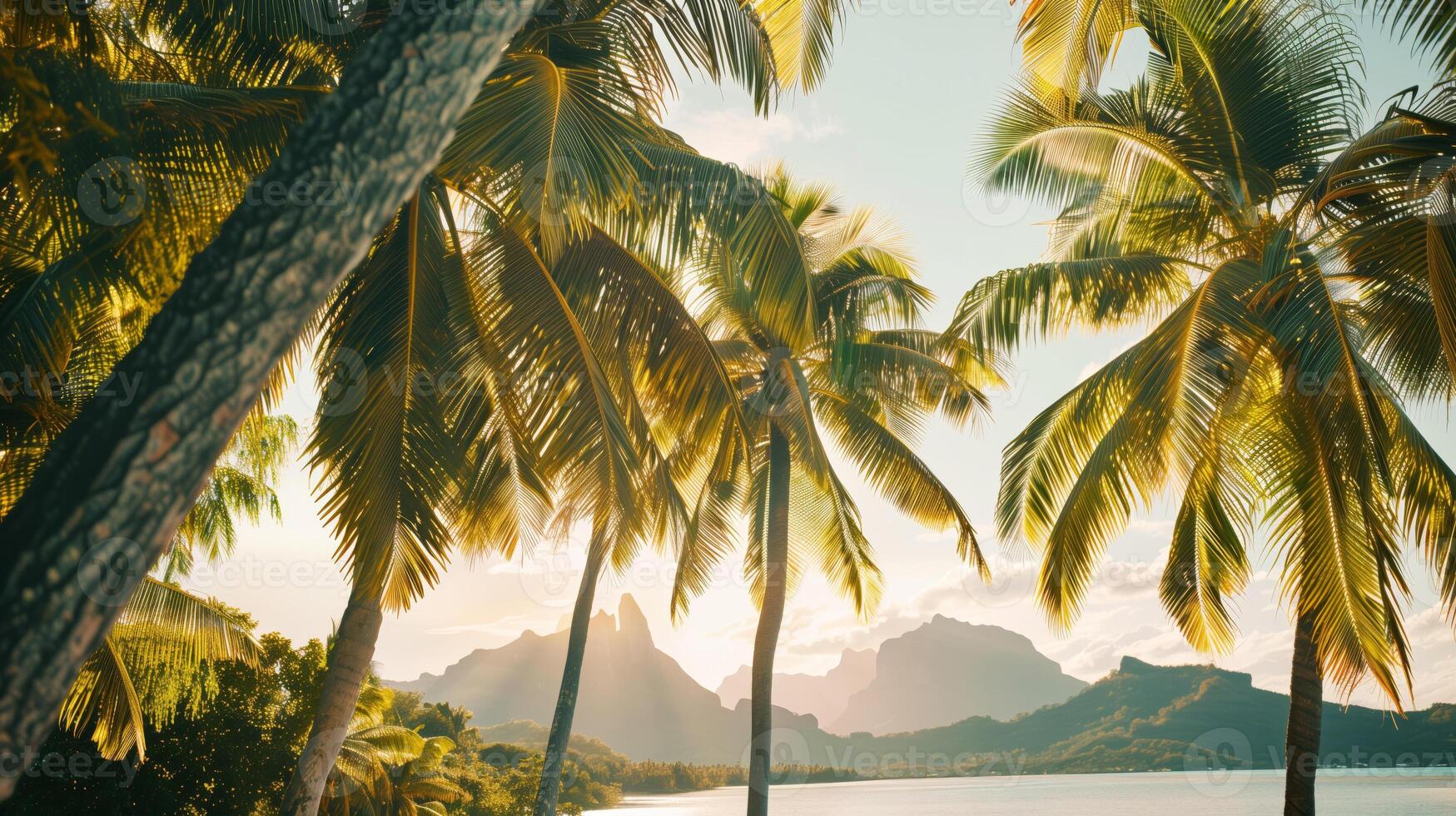 Sunset landscape with palm trees and tropical plants and ocean and mountain views photo