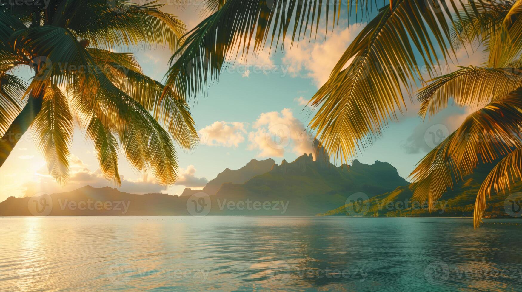 Sunset landscape with palm trees and tropical plants and ocean and mountain views photo