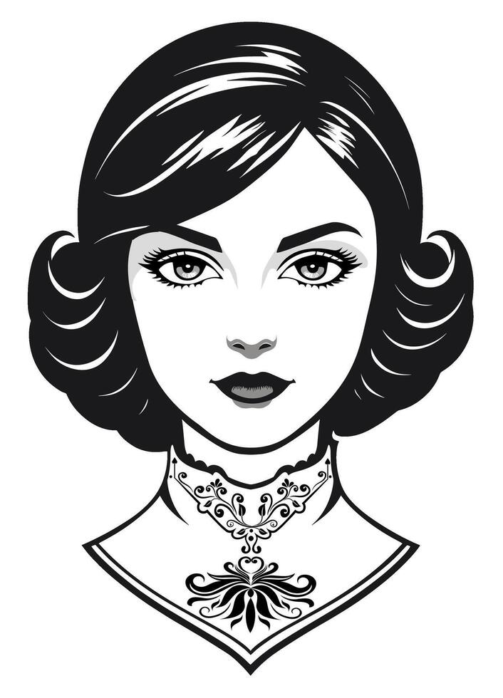 Edwardian era hair chin length with curled hair tips. Intricate collar embroidery vector