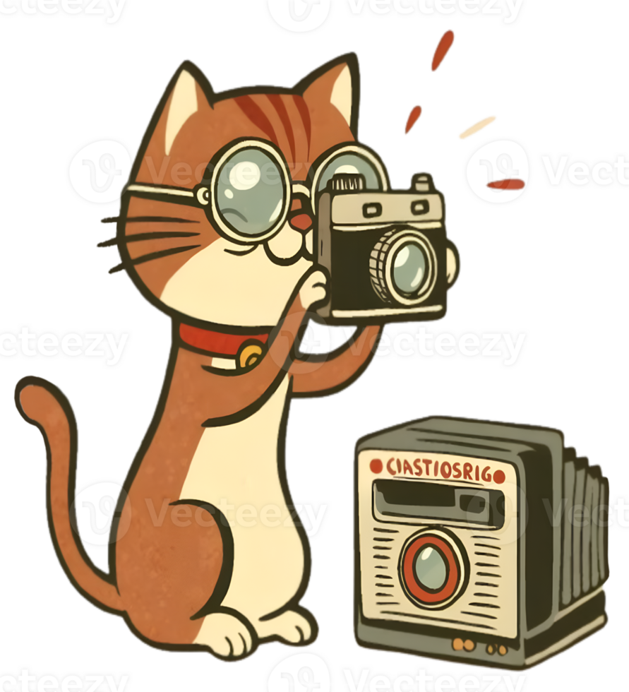 Retro Cat With 70s Camera png