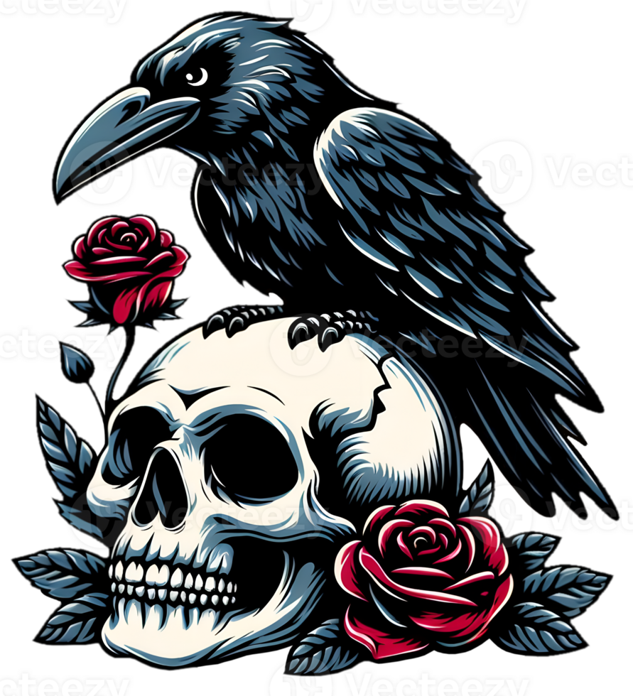 Black raven sits on skull png
