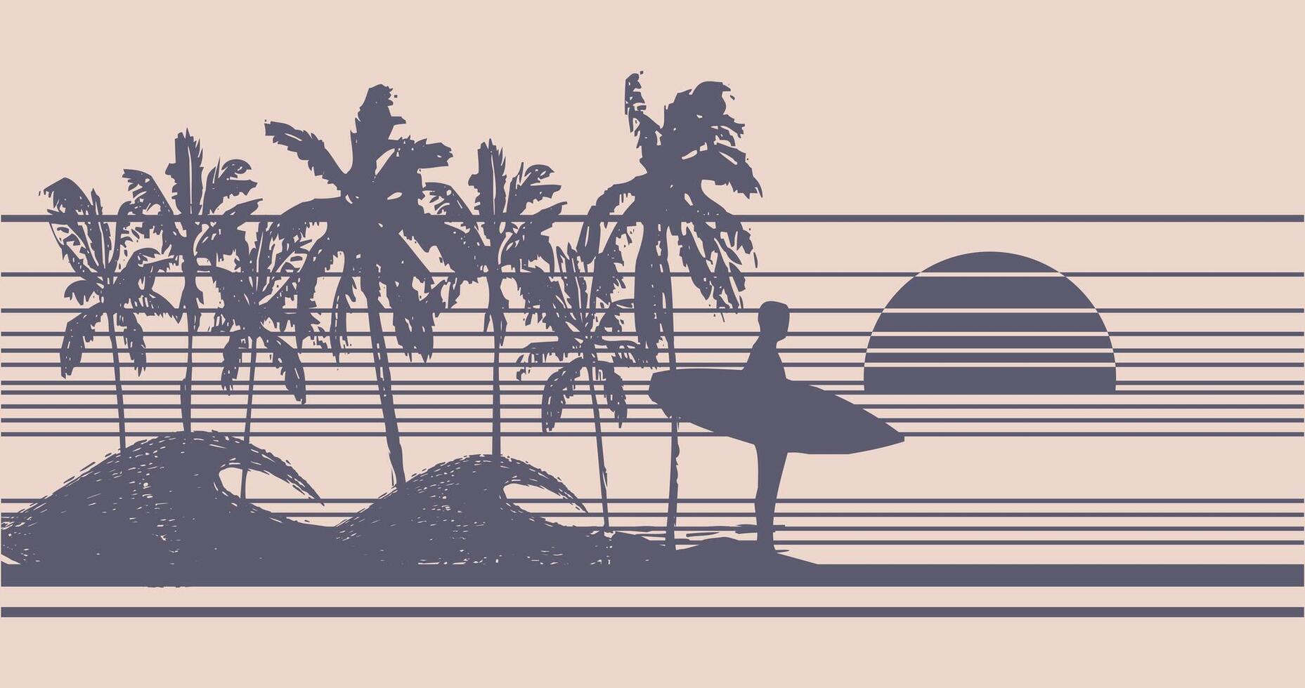 Illustration of a surfer silhouette in the late afternoon. Art with stripes and coconut trees in the background. vector