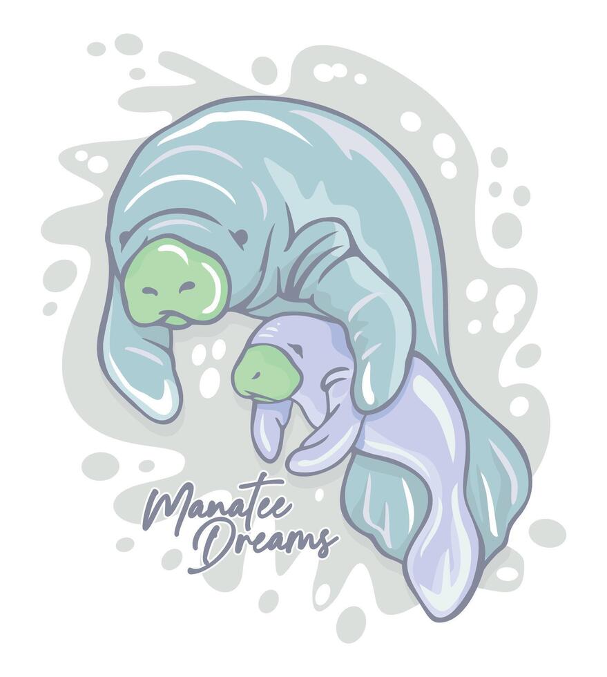 Illustration of a manatee, mother and her calf. Art with delicate lines. vector