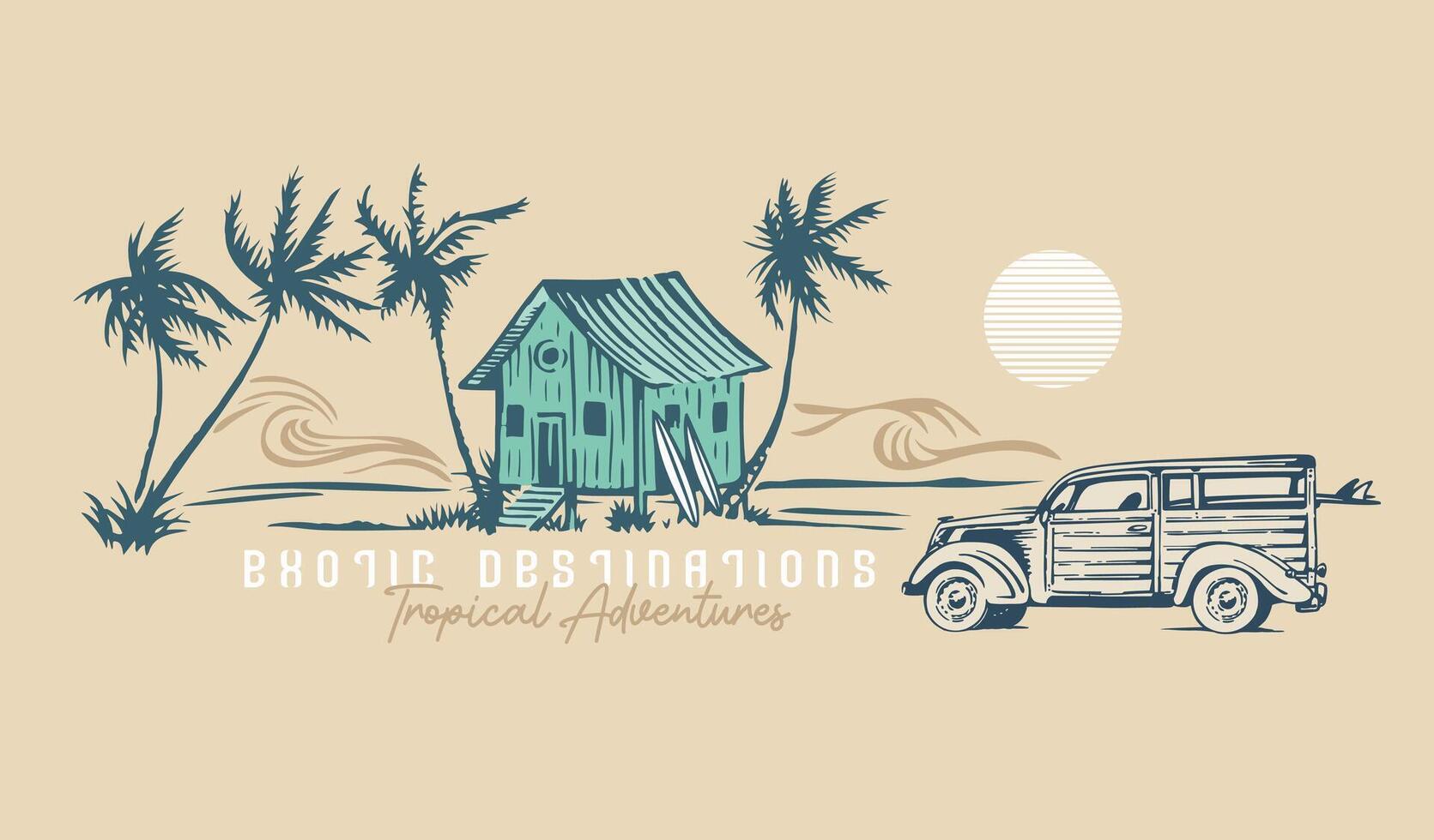 Stylized illustration of a tropical landscape with elements related to surfing. Editable art for prints on t-shirts, posters, etc. vector