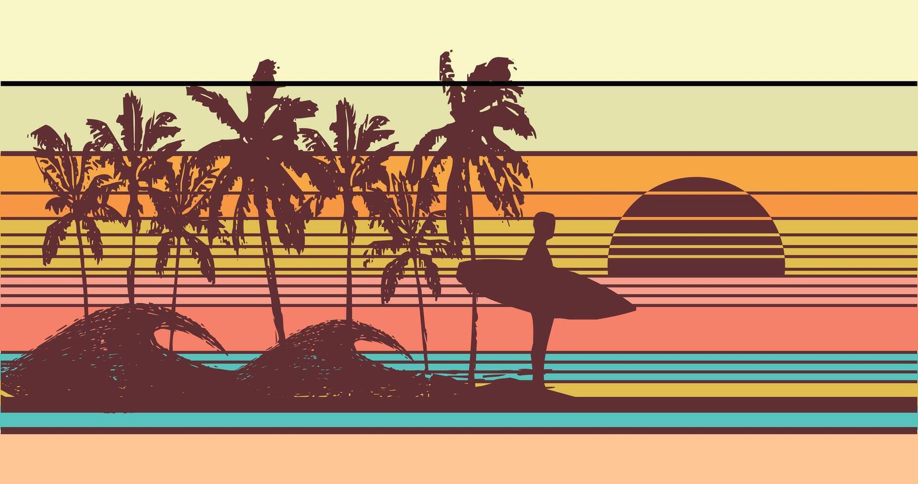 Illustration of a surfer silhouette in the late afternoon. Art with colorful stripes and coconut trees in the background. vector