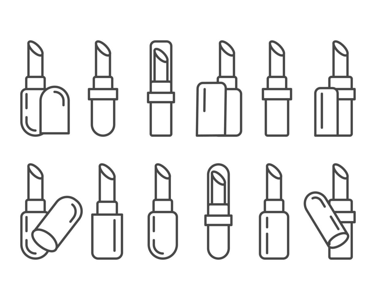 Collection makeup and cosmetics. Beauty linear graphic icons in the form of lipstick with lip care cap. vector