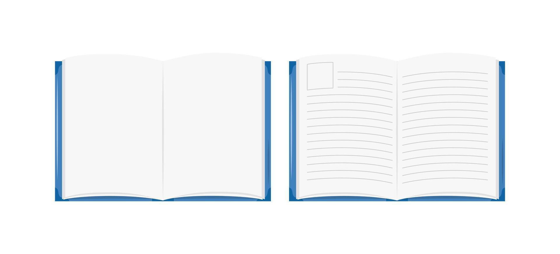 Blank open book, diary, planner isolated. flat illustration of empty book and notebook pages. Top view. Design educational element with copy space vector