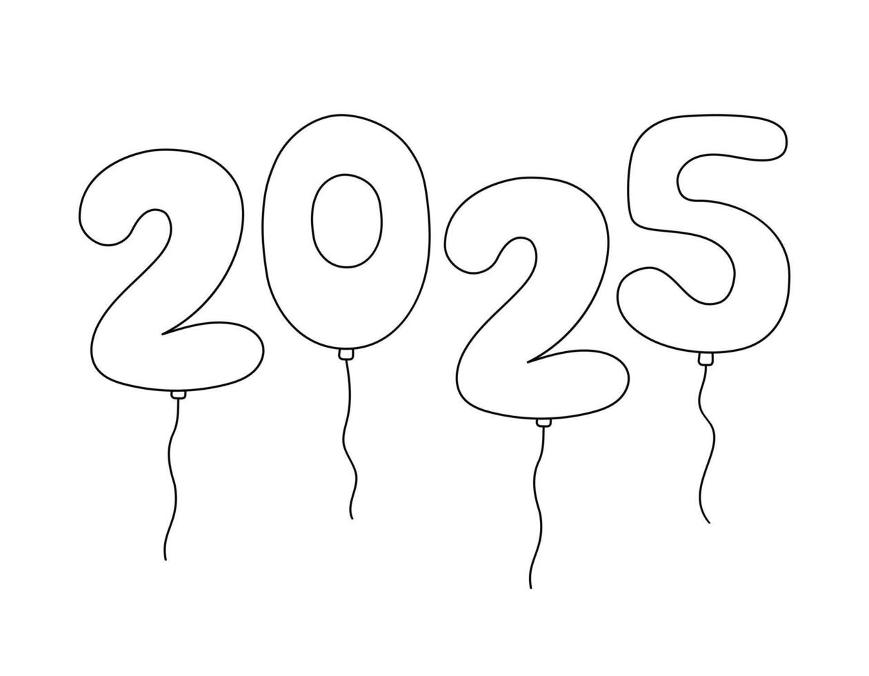 2025 balloons numbers doodles. Outline helium balloons on white background. Black and white illustration. 2025 numbers fun simple hand drawn design vector