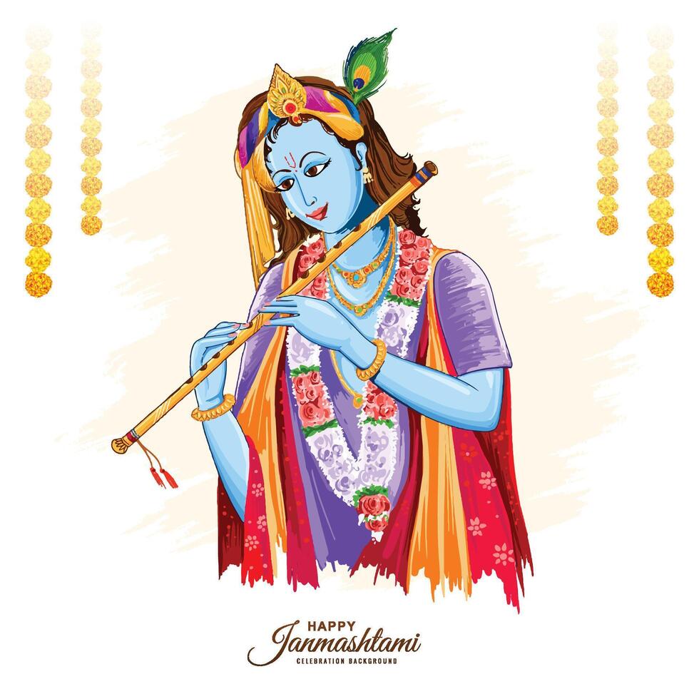 Happy Janmashtami with lord Krishna hand playing bansuri card background vector