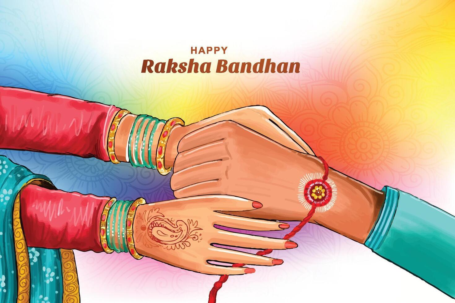 Hand draw happy raksha bandhan sister tying rakhi to brother card colorful background vector