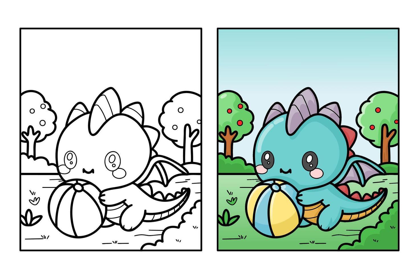 learn to color a dragon cub playing ball, coloring book, coloring pages for children. vector