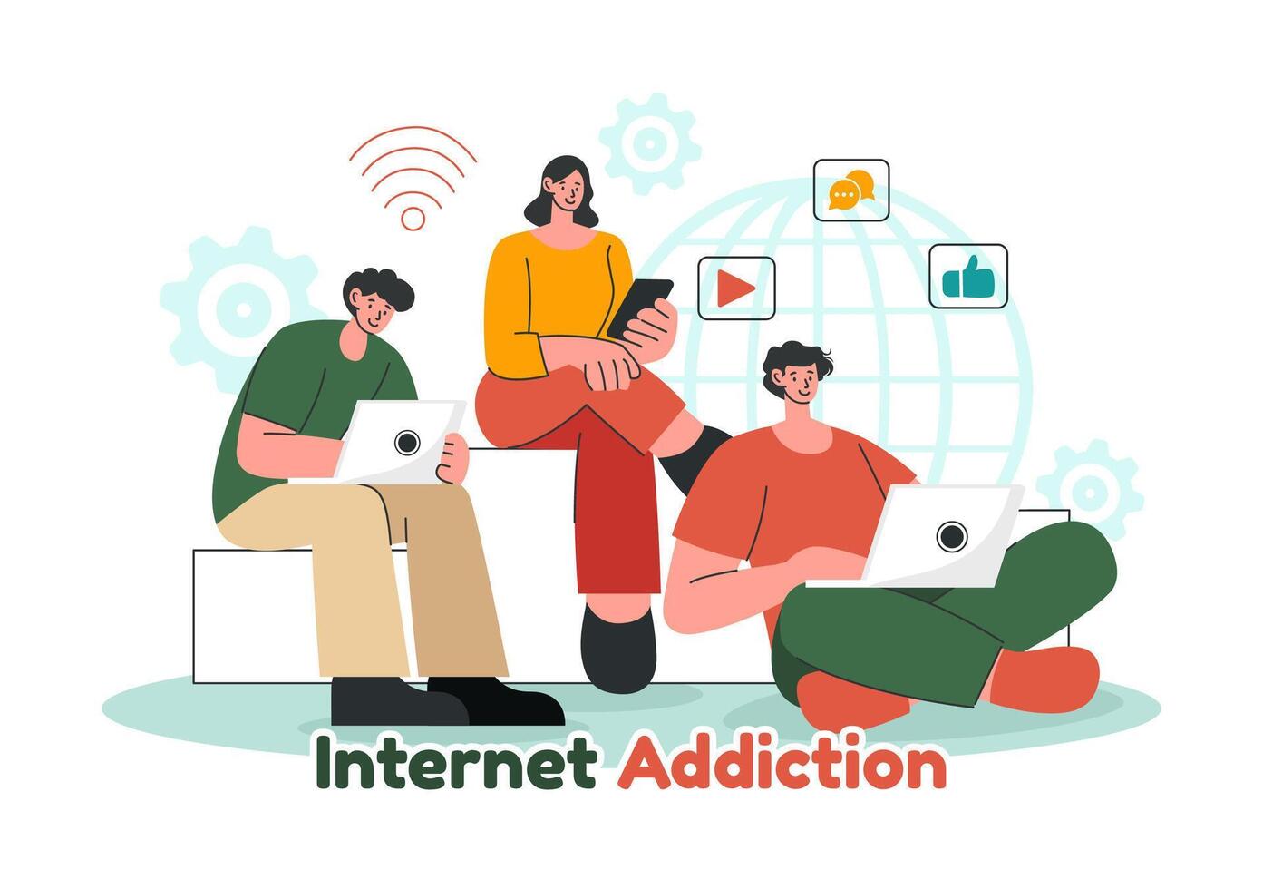 Internet Addiction Illustration with Young People Addicted to Using Devices Such as Laptops or Smartphones in a Flat Style Cartoon Background vector