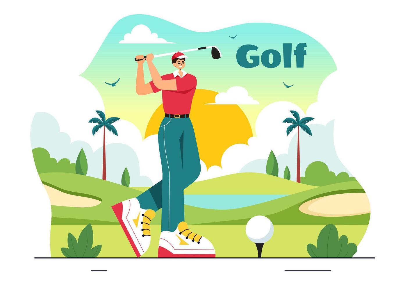 Golf Sport Illustration with Flags, Cart, Clubs, Green Field, and Sand Bunker for Outdoor Fun or Lifestyle in a Flat Style Cartoon Background vector
