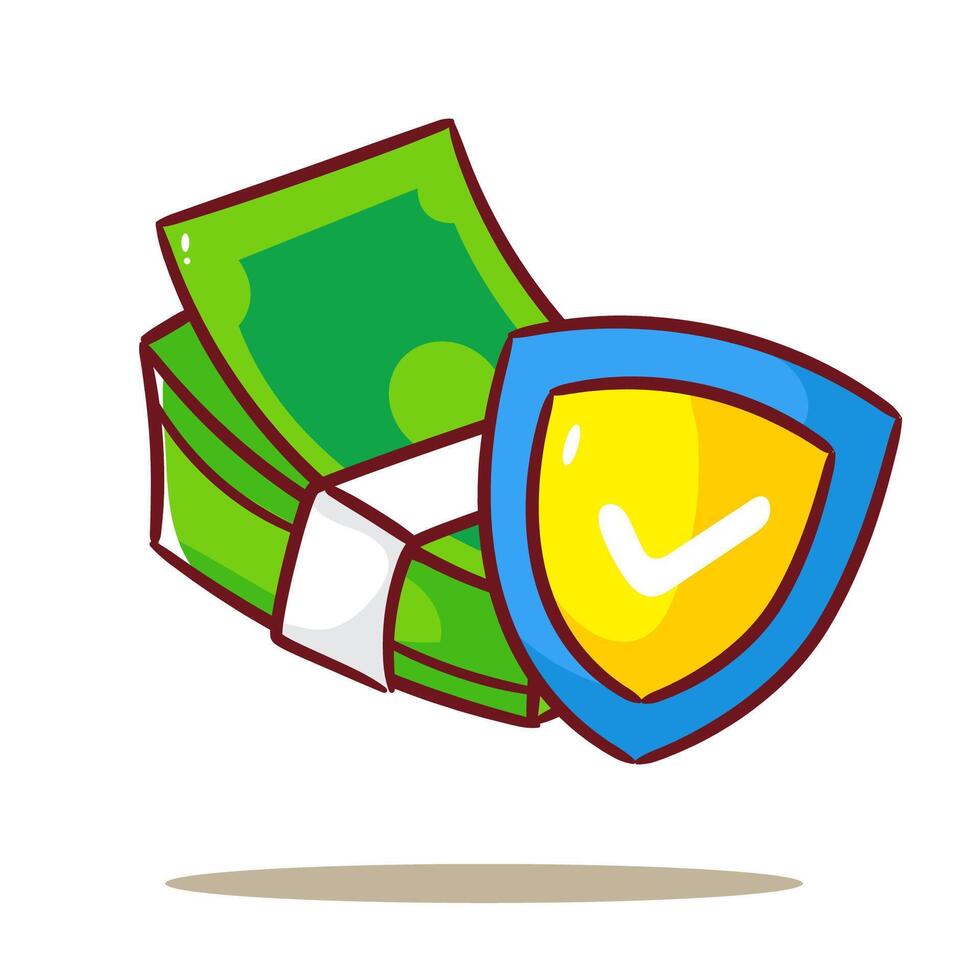Money Secure With Shield Cartoon . Saving And Investment Illustration. Business And Finance Concept Design. Isolated White Background. vector