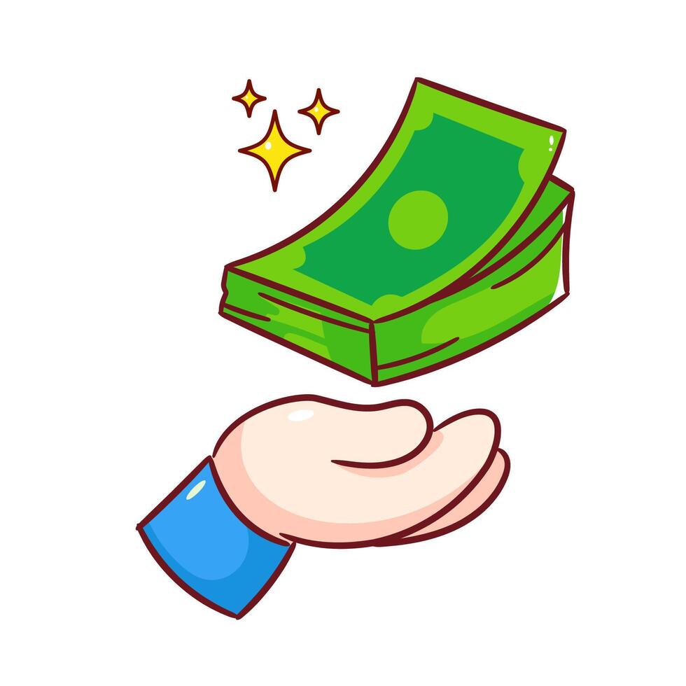 Open Hand Receive Gold Money Cartoon . Saving And Investment Illustration. Business And Finance Concept Design. Isolated White Background. vector