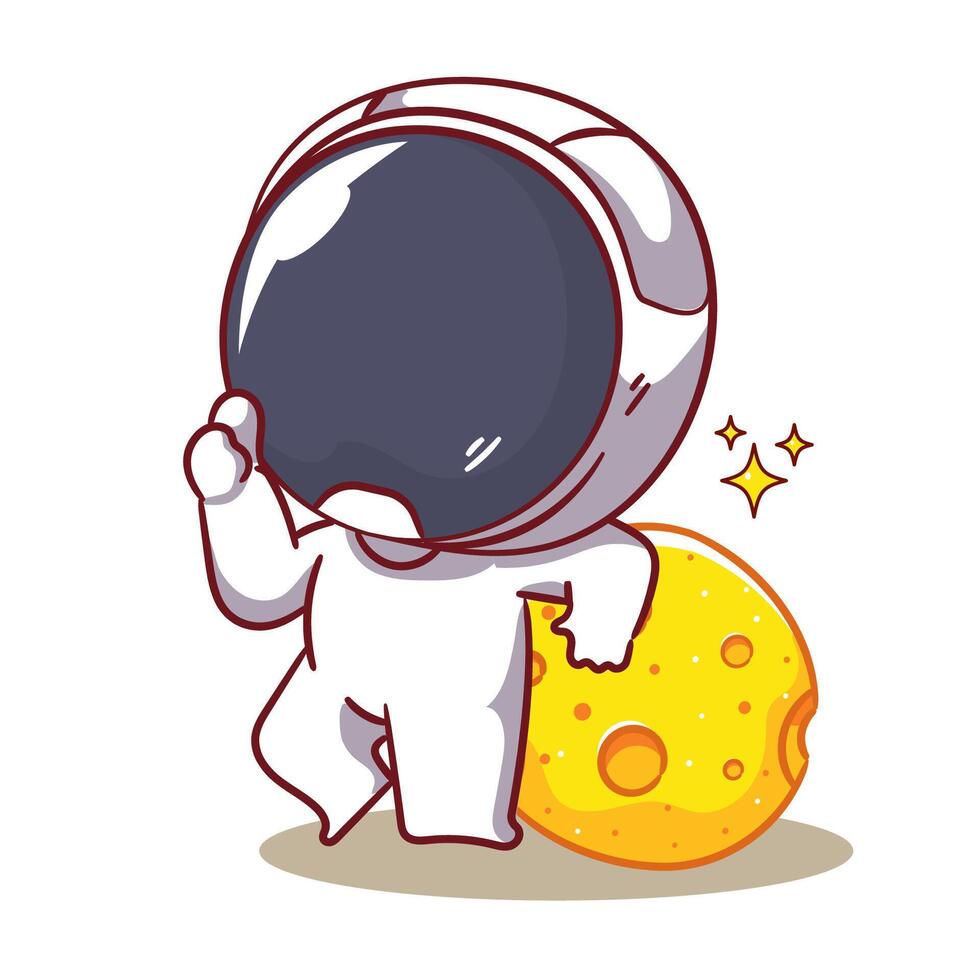 Cute astronaut with the moon showing thumb up cartoon character. Space and science concept design. Hand drawn flat adorable chibi illustration. Icon logo mascot isolated background. vector