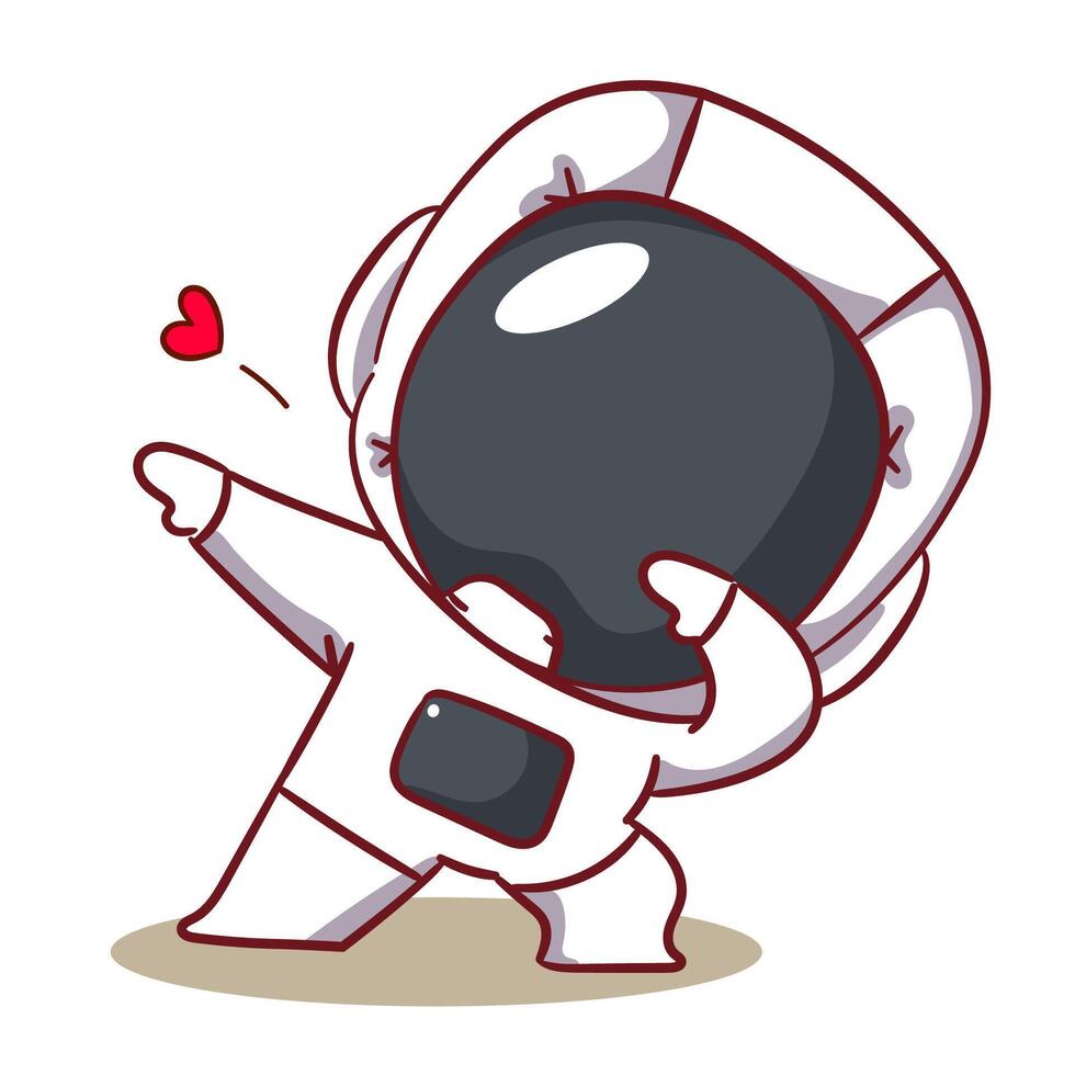 Cute astronaut dabbing style cartoon character. Space and science concept design. Hand drawn flat adorable chibi illustration. Icon logo mascot isolated background. vector