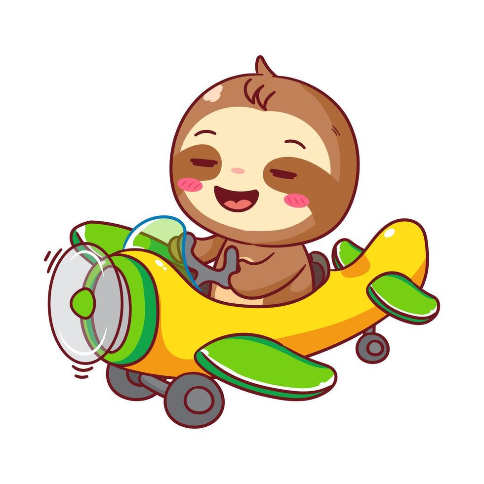 Cute Sloth on Airplane Cartoon Illustration. Kawaii Adorable Animal Pilot Concept Design. Travel And Transportation Themes. Isolated White Background. vector
